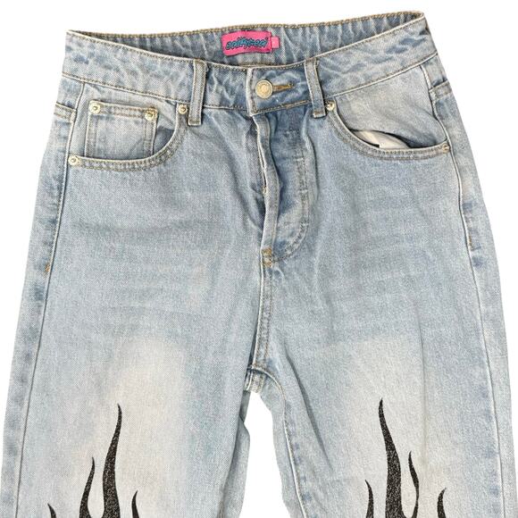 Edikted Black Flame Two Tone Denim Light Wash Jeans High Rise Button Fly size S - Picture 9 of 12